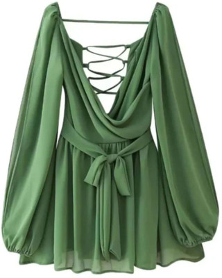 WomanLikeU Women Fit and Flare Green Above Knee/Mid Thigh Length Dress