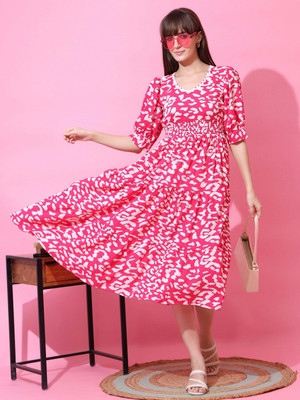 Sheetal Accociates Women Fit and Flare Pink, White Midi/Calf Length Dress