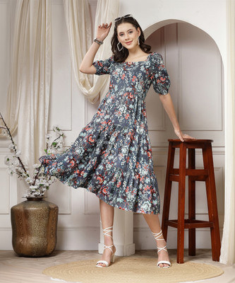 indibelle Women Fit and Flare Grey Midi/Calf Length Dress