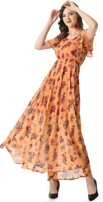 Brainbees Women A-line Orange Maxi/Full Length Dress