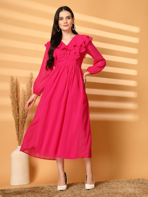 AAYU Women Fit and Flare Pink Midi/Calf Length Dress