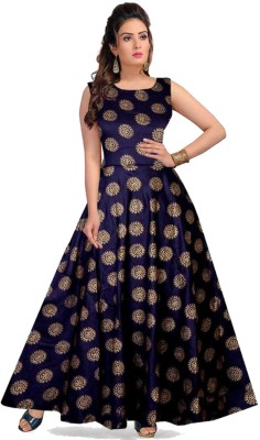 Hans Craft And Art Women Fit and Flare Dark Blue, Gold Dress