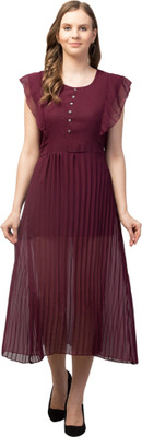 ATIMUNA Women Pleated Grey Midi/Calf Length Dress