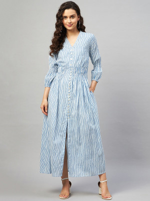 aaheli Women Fit and Flare Blue, White, Light Blue Maxi/Full Length Dress