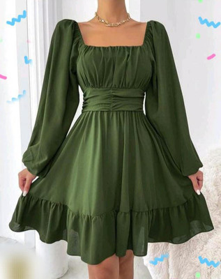 Stainland Women Fit and Flare Green Above Knee/Mid Thigh Length Dress