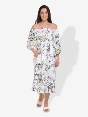 Mala Singh Women Fit and Flare Black, Yellow, White Midi/Calf Length Dress