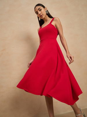 COLOR CAPITAL Women Fit and Flare Red Midi/Calf Length Dress