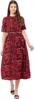 Mamnoon Women Fit and Flare Red Midi/Calf Length Dress