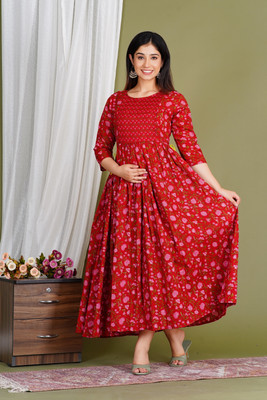 Gujari Women Fit and Flare Red Midi/Calf Length Dress