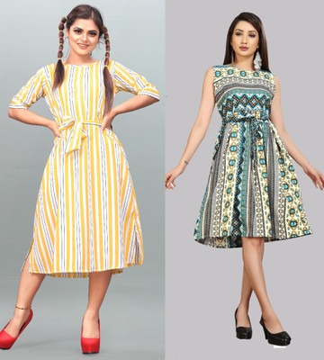 Hiral Creation Women Fit and Flare Green Below Knee Dress