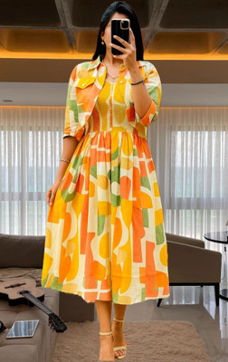 Avnienterprisea Women Fit and Flare Orange Midi/Calf Length Dress