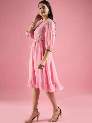all about you Women Fit and Flare Pink Knee Length Dress