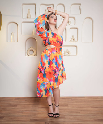 PURVAJA Women Asymmetric Orange Midi/Calf Length Dress