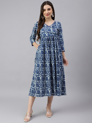 DECKEDUP Women Fit and Flare Blue Midi/Calf Length Dress