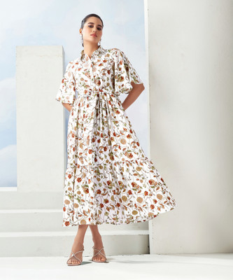Selvia Women Fit and Flare White, Multicolor Midi/Calf Length Dress