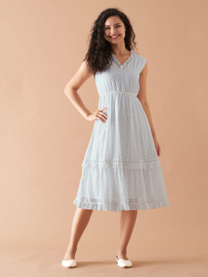AASK Women Fit and Flare White Midi/Calf Length Dress
