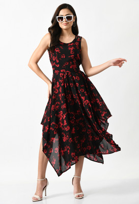 Absorbing Women A-line Black, Red Midi/Calf Length Dress