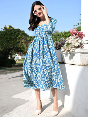 DEHITAFASHION Women Fit and Flare Blue, White Midi/Calf Length Dress