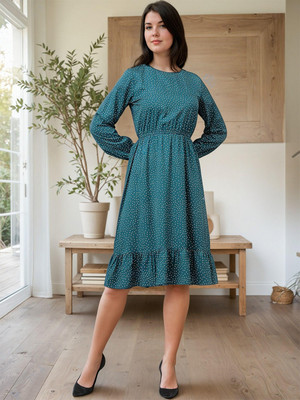 KOTTY Women Fit and Flare Dark Blue, White Midi/Calf Length Dress