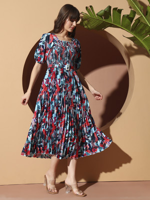ZWERLON Women A-line Blue Midi/Calf Length Dress