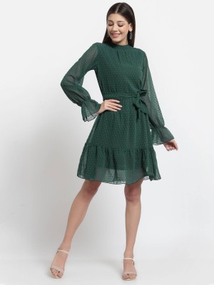 lexrex Women Fit and Flare Green Dress