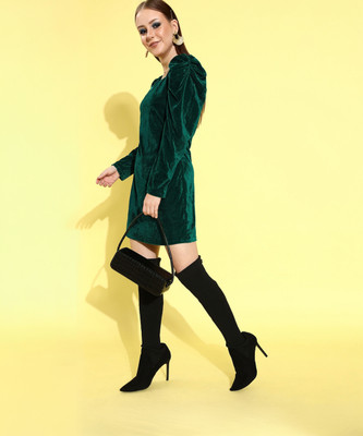 ATHENA Women A-line Dark Green Mini/Short Dress