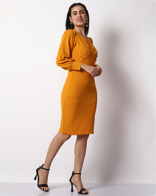 Prettify Women Bodycon Yellow Knee Length Dress