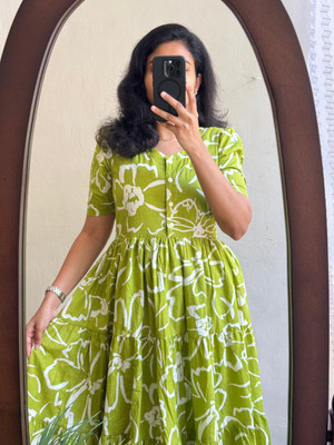 ANonline Women Fit and Flare Green, White Midi/Calf Length Dress