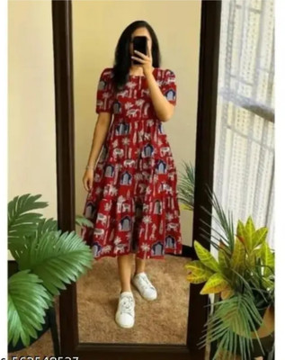 BOMBAY SPEED Women Fit and Flare Red Midi/Calf Length Dress
