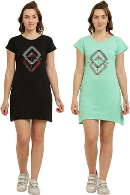 HouseOfCommon Women T Shirt Black, Green Above Knee/Mid Thigh Length Dress