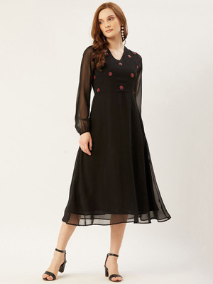 Moda Rapido Women A-line Black Midi/Calf Length Dress