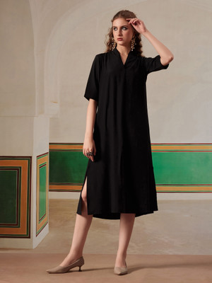 FITHUB Women A-line Black Midi/Calf Length Dress