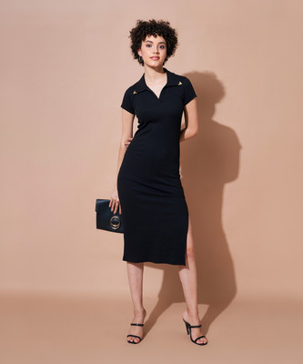 SASSAFRAS Women Bodycon Black Midi/Calf Length Dress