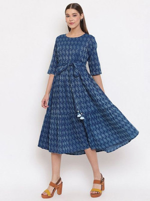 SUBH LAXMI Women A-line Dark Blue, White Midi/Calf Length Dress