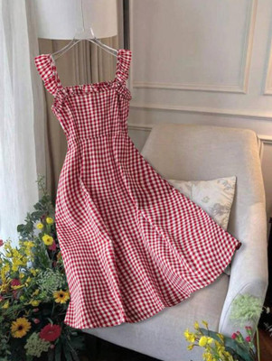 Tamina Women A-line Red, White Midi/Calf Length Dress