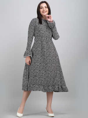 vechii Women Fit and Flare Black, White Midi/Calf Length Dress