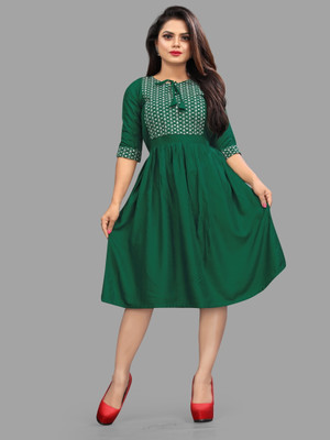 LOZZBY Women Ethnic Dress Green Knee Length Dress