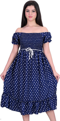 GHIFARI Women Drop Waist Blue Knee Length Dress