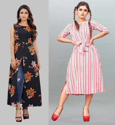 tanvi creation Women Fit and Flare Black, Pink Below Knee Dress