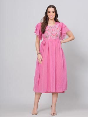 Highlight fashion export Women Fit and Flare Pink Midi/Calf Length Dress