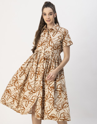 moomaya Women Fit and Flare Brown, Beige Midi/Calf Length Dress