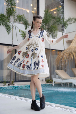 Anusheet Fashion Women A-line White Above Knee/Mid Thigh Length Dress