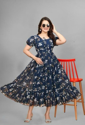 fennel Women Gathered Blue Knee Length Dress