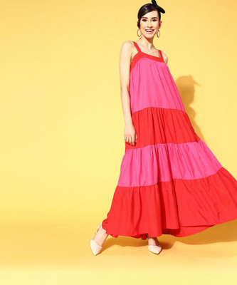 SASSAFRAS Women Fit and Flare Gold Maxi/Full Length Dress