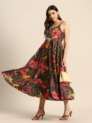 A&k Women Fit and Flare Green, Multicolor Midi/Calf Length Dress