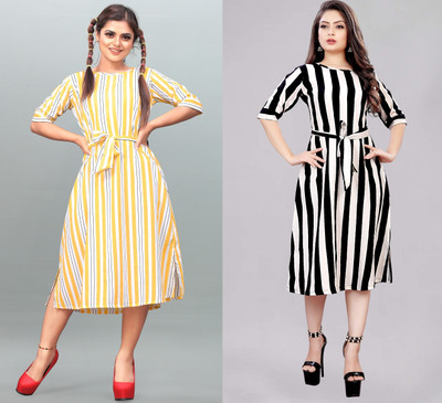 maruti fab Women A-line Yellow, White, Black Below Knee Dress