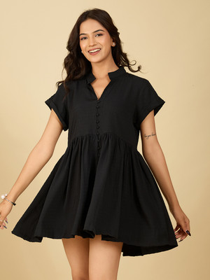 HOUSE OF MIRA Women Fit and Flare Black Above Knee/Mid Thigh Length Dress