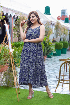 avyco Women Fit and Flare Dark Blue Midi/Calf Length Dress
