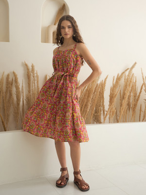 Sanskrutihomes Women A-line Pink Knee Length Dress