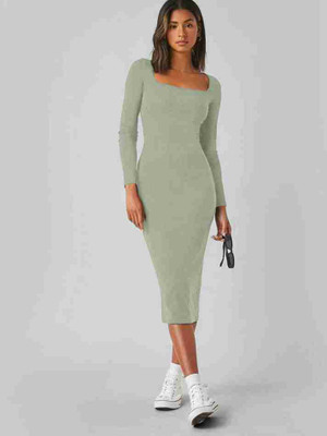 SWEVENFASHION Women Bodycon Light Green Midi/Calf Length Dress